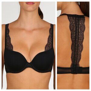 NWT Marie Jo Precious Black Padded Plunge Lace Diamante Back Bra